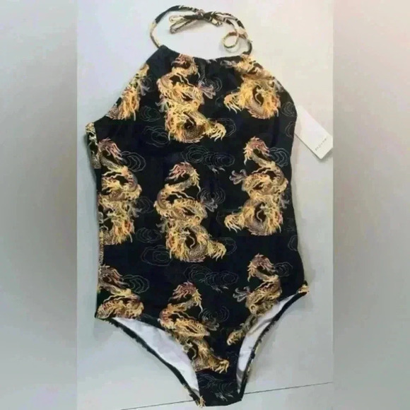 One piece high neck string tie swimsuit black & gold dragon print size medium - Picture 1 of 10